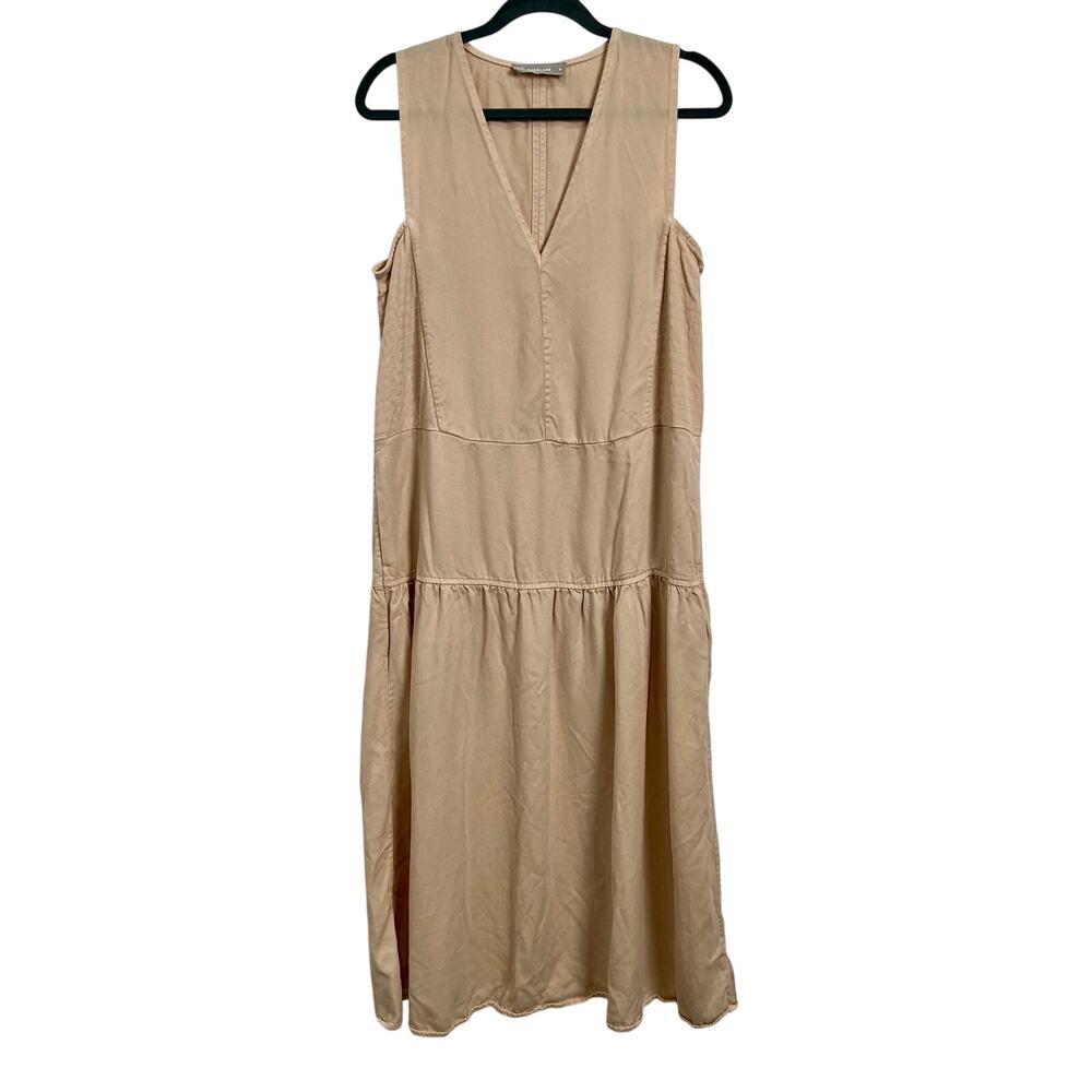 Everlane The Tencel V-Neck Dress Midi Beige Tan Women's Size Medium Modest